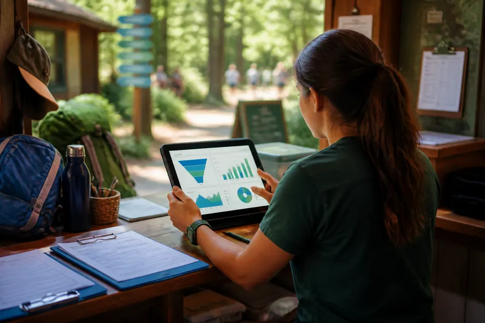 Camp staff reviewing enrollment activity from search traffic